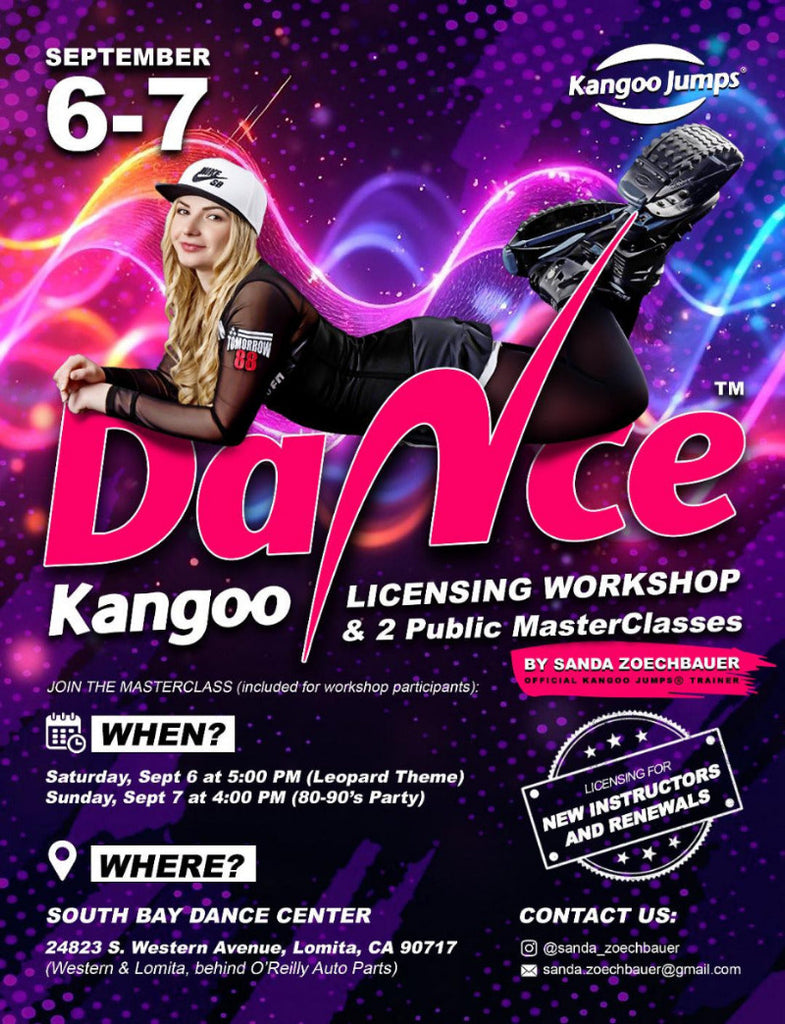 Promotional flyer for Kangoo Jumps Dance Licensing Workshop and Public MasterClasses with a dancer in Kangaroo shoes on a vibrant background.